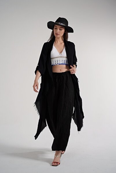 Siyah Keten Kimono Pantolon Takım