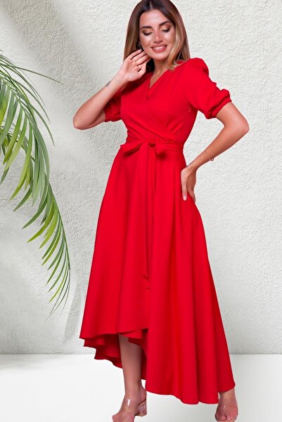 Bidoluelbise Kadın Asimetrik Kesim Kruvaze Yaka Kısa Kol Abiye Elbise