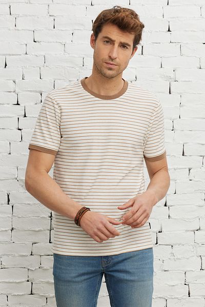 AC&Co / Altınyıldız Classics Men's Beige-white Slim Fit Slim Fit Crew Neck 100% Cotton Striped T-Shirt