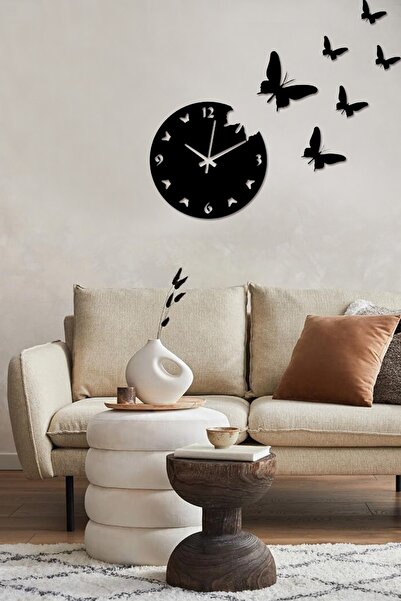 Ensa Design Ceas de perete din lemn cu model fluture, ceas decorativ