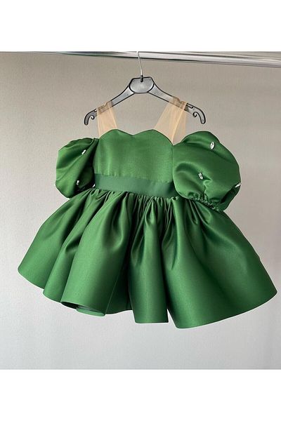 Wiolans Girl's Green Balloon Sleeve Jewelled Design Dress