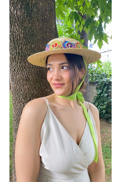 laviyonsa Tie-in ethnic pattern ribbon weed straw hat