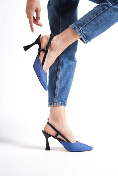 SEREL35SHOES Kadın Topuklu Ayakkabı Arkası Açık Direkli Yuvarlak Taban Yandan Tokalı Tam Kalıp Topuk 9cm