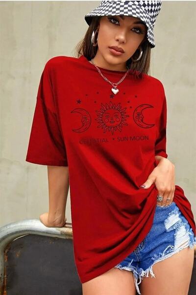 BENROMA تي شيرت أحمر كبير الحجم مطبوع عليه قمر