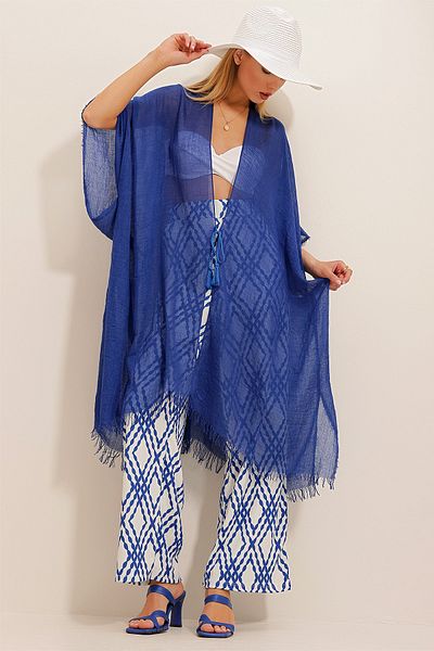 Trend Alaçatı Stili Damskie kimono Saks z frędzlami ALC-X10523