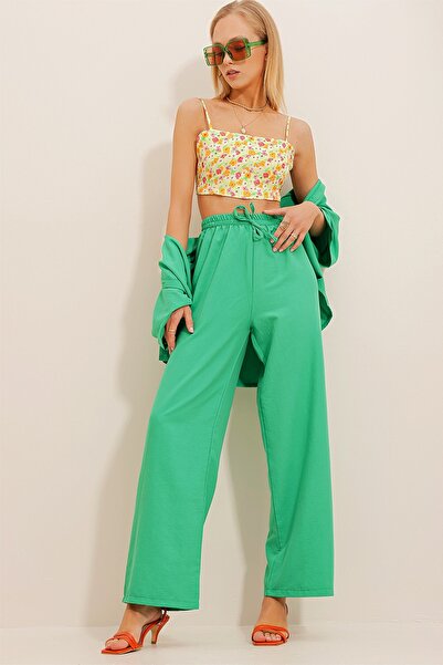 Trend Alaçatı Stili Női zöld elasztikus derék, laza szabású aerobin nadrág ALC-X6625