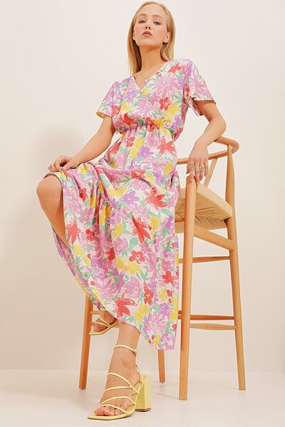 Trend Alaçatı Stili Női lila virágmintás duplasoros maxi ruha ALC-X4373