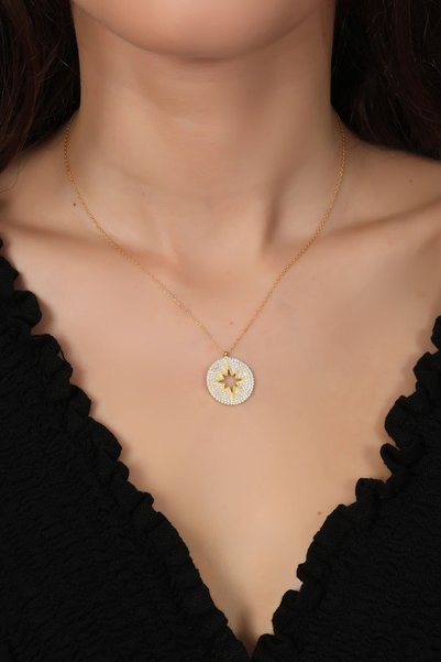 Bilsen Store 925 Ayar Gümüş Zincirli Altın Kaplama Beyaz Zirkon Taşlı Kutup Y...