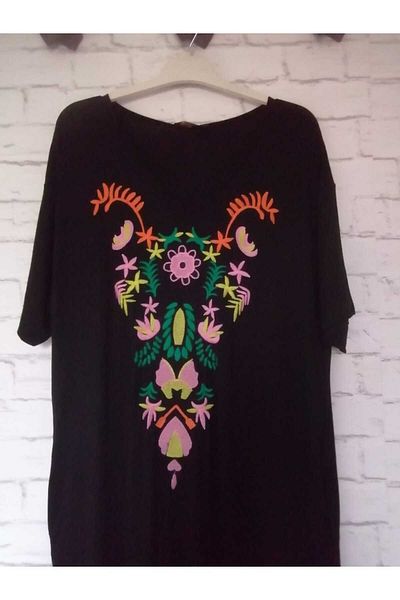 anne moda ankara broderie florală roz, subțire, viscoză, la modă, 2 buzunare, decolteu în V, șase volane, rochie confortabilă