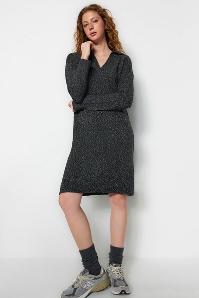 Trendyol Collection Anthracite Midi Knitwear - Soft Polo Neck Dress Twoaw24El00009