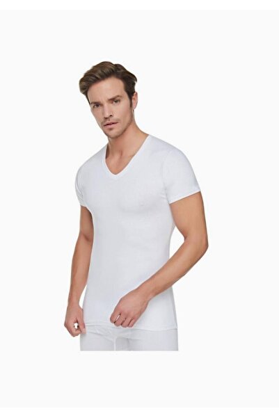 Tutku Men's White Ribbed V-Neck Undershirt 107 New Season (5 Economical Package)