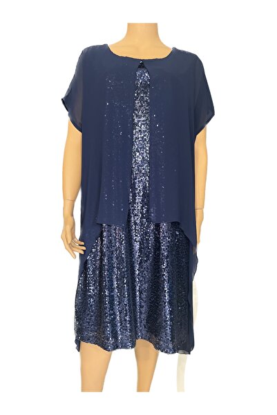 TOLGA SARAÇOĞLU Pullu Büyük Beden Abiye Şık Elbise Lacivert