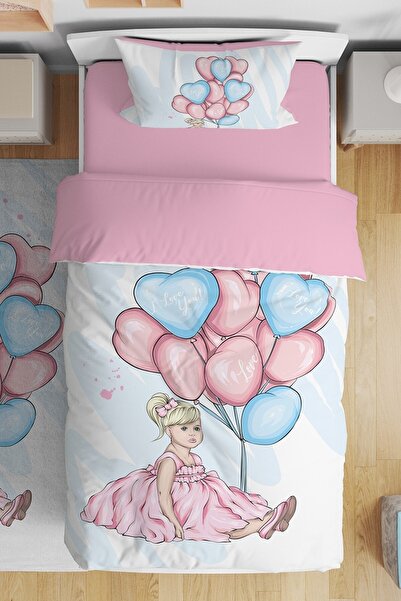 EVPANYA Mavi Balonlu Oturan Küçük Kız Desenli Tek Kişilik Bebek Çocuk Nevresi...