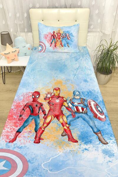 EVPANYA Mavi Süper Kahramanlar Yatak Örtüsü ve Yastık Kılıfı