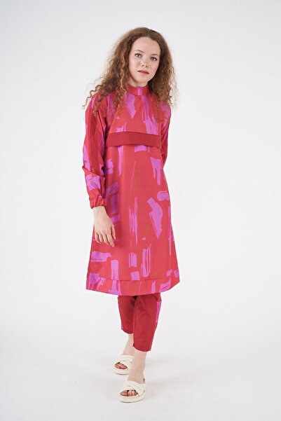 Mevra Maysa Desen Tesettür Mayo Kırmızı Uzun