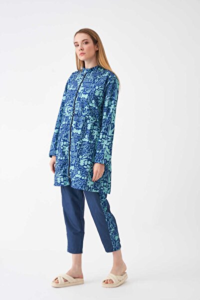 Mevra Μαγιό Sia Pattern Hijab με Stopper Navy Green