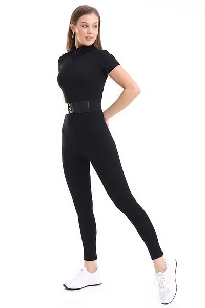 MBYCLUB Women's Black Plain Half Zip Short Sleeve Sports And Casual Body Jumpsuit
