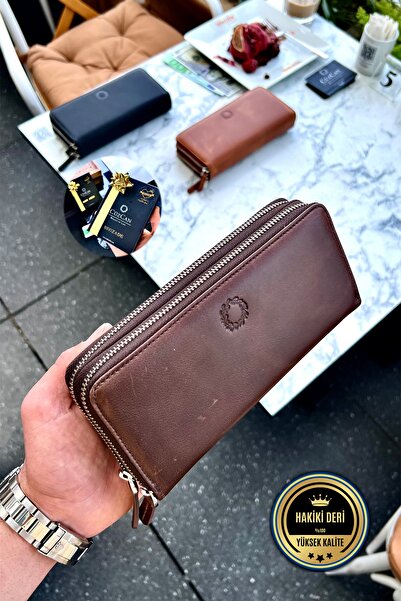 CüzCan Tigan Unisex Antik Kahve Çift Fermuarlı Hakiki Deri Telefon Cüzdanı El...