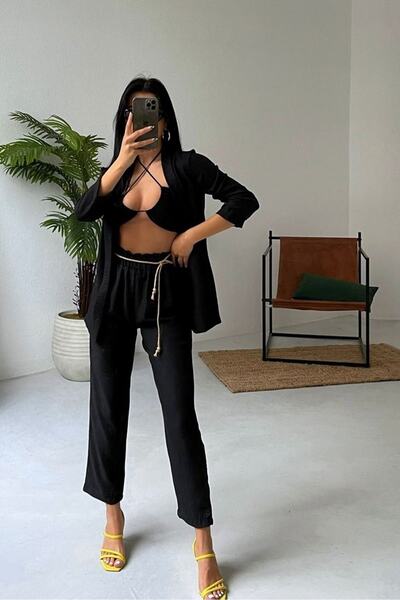 lovebox Women's Black Jacket Elastic Waist Trousers Double Suit 200028