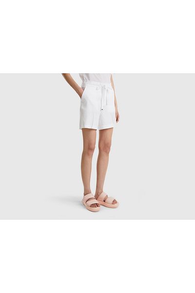 United Colors of Benetton White 100% Liyosel Women's Shorts - Waist String Design