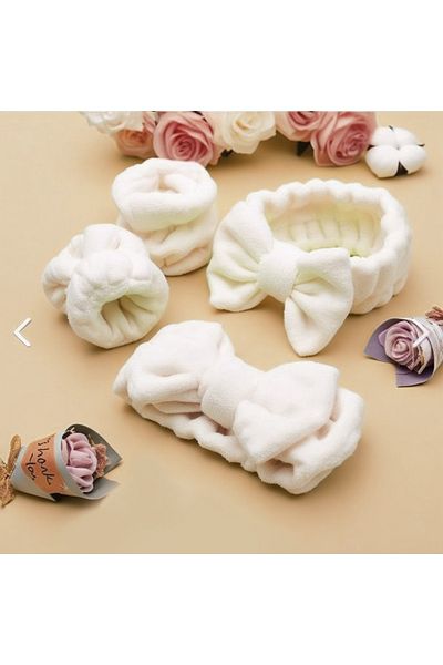 MEŞELİ TEKSTİL White Extra Soft Bath Spa Set 1Pcs Elastic Hair Bandana 2Pcs Wash Wristband Athlete's Kit