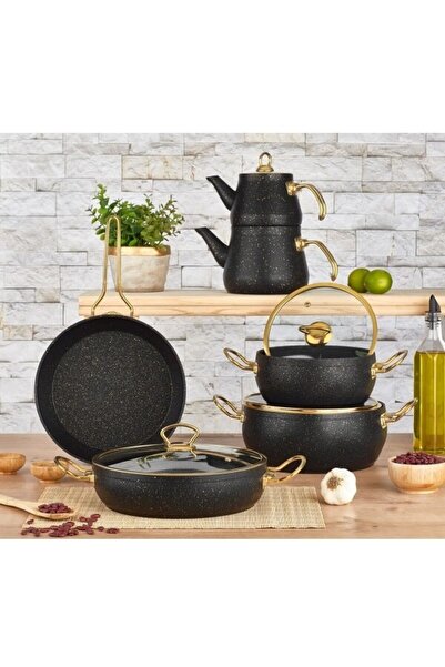 Remetta Granit Via Çaydanlıklı 11 Parça Güveç Gold Tencere Seti -siyah
