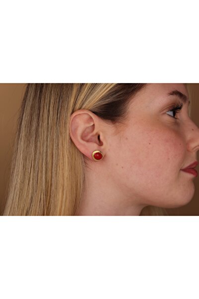 Akgül Silver Doğal Kırmızı Mercan Altın Kaplama Gümüş Küpe