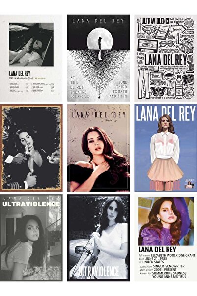Baskı Atölyesi LANA DEL REY 9 PARÇA RETRO AHŞAP POSTER SETİ