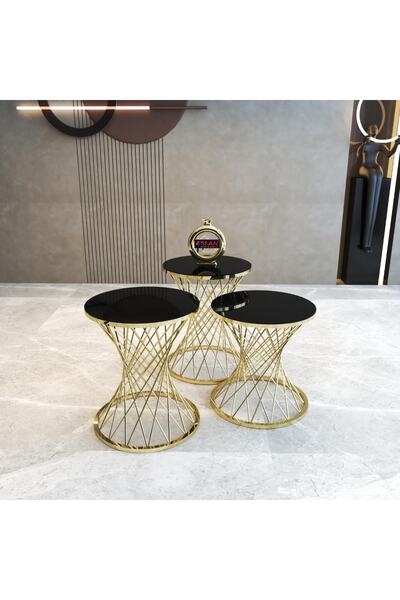 Lion Gold Hasır Bronz Cam C Model Zigon Sehpa