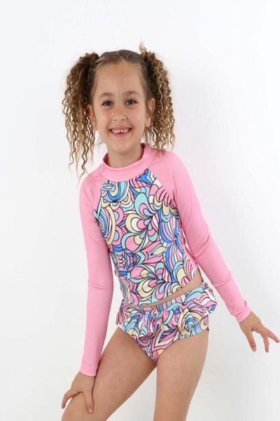 PODİUM GİYİM Trend New Digital Printed UV-Sun Protection Long Sleeve Crop Top Mini Skirt Ruffle Bikini Set