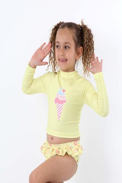 PODİUM GİYİM Trend New Digital Printed UV-Sun Protection Long Sleeve Crop Top Mini Skirt Ruffle Bikini Set
