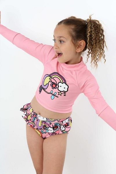 PODİUM GİYİM Trend New Digital Printed Uv-Sun Protection Crop Top and Mini Skirt Ruffle Bikini Set