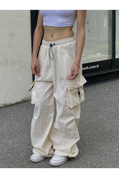 Touz Κρεμ Tactical Parachute Υφασμάτινο Oversize Unisex Παντελόνι με Cargo Pocket