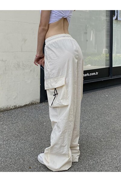 Touz Krem Tactical Paraşüt Kumaş Kargo Cepli Oversize Unisex Pantolon
