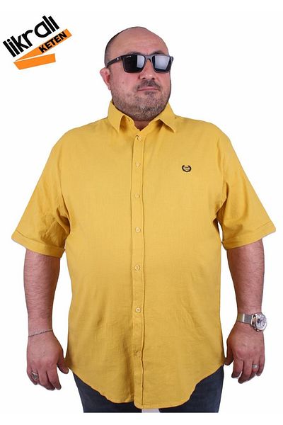 MocGrande Large Size Short Sleeve Men's Lycra Linen Shirt 11300 Mustard