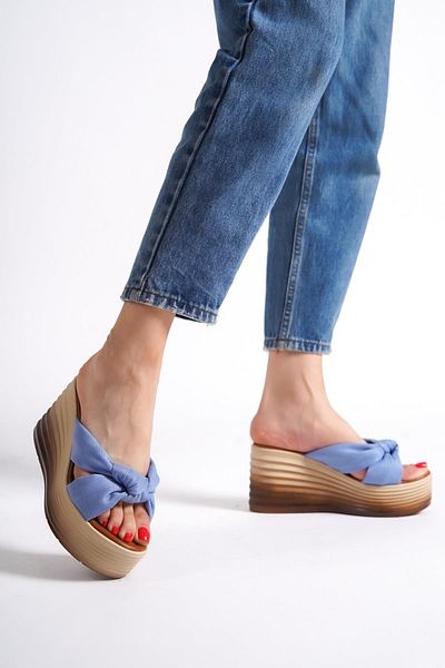 Modabuymus Papuci casual cu toc cu pană de culoare denim ascuțit