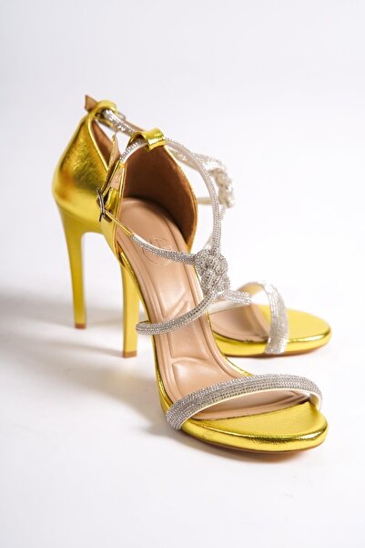 Modabuymus Palermo Hardal Sarısı Örgü Taşlı Platform Topuklu Abiye Ayakkabı