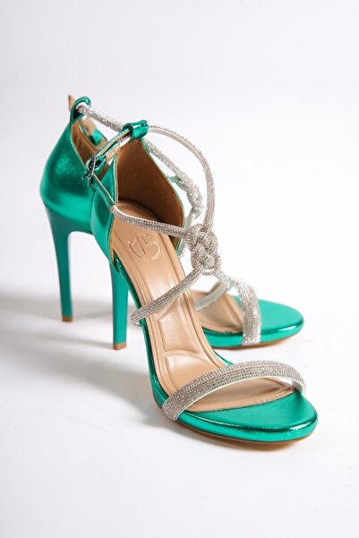 Modabuymus Palermo Emerald Green Knitted Stone Platform Heeled Evening Dress Shoes