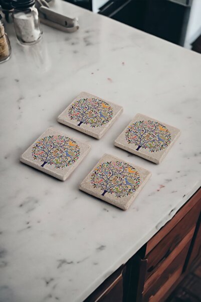 Baumatelier طقم قواعد أكواب من الحجر الطبيعي بتصميم الطيور وشجرة الحياة مكون ...