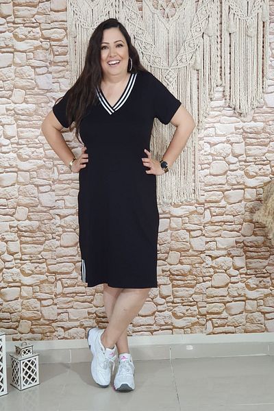 xlargebutik Plus Size Women's Clothing V-Neck Black and White Ribbed Dress