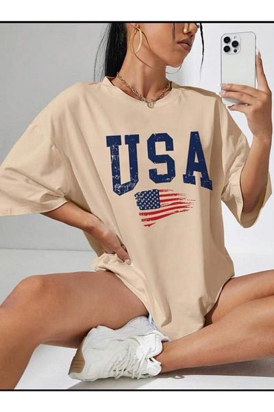 SELENA BUTİK Μπλουζάκι με στάμπα Unisex Usa Oversize