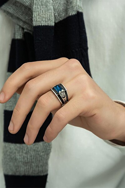 GT Gümüş Tezgahı Çift Sıra Mavi Baget Taşlı 925 Ayar Gümüş Erkek Yüzük