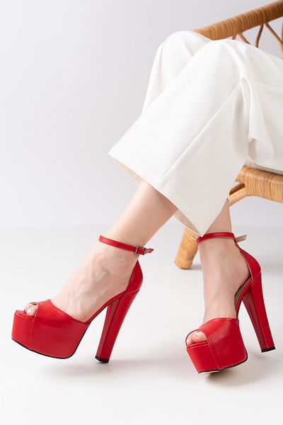 MASSOLE New Season Red Leather Platform Ankle Strap Stylish Premium Women's Evening Shoes