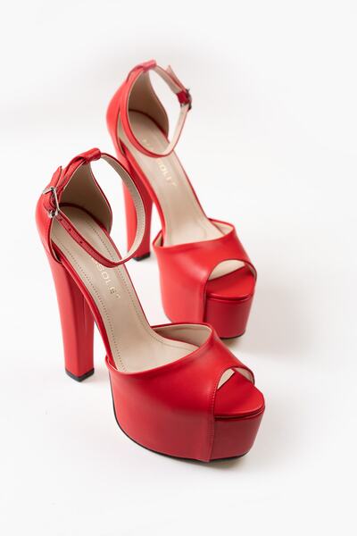 MASSOLE Yeni Sezon Kırmızı Deri Platform Bilekten Bantlı Şık Premium Kadın Gece Ayakkabısı