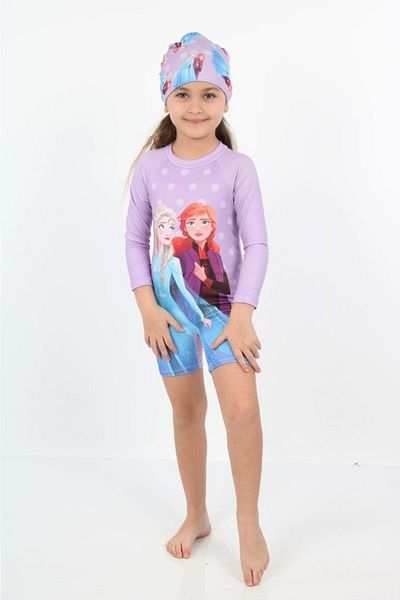 pistyle Girl's Character Patterned Long Sleeve Swimsuit and Bonnet for Sensitive Skin