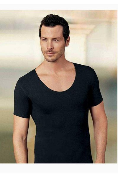Şahinler Men's Black Wide Collar Short Sleeve Single Jersey T Shirt M 6 Pieces