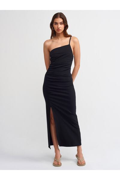 Dilvin 90751 Asimetrik Drapeli Elbise-Siyah