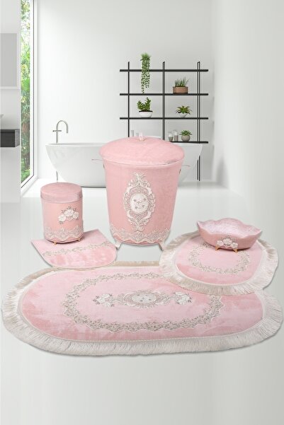 Teksev Pudra 6 Parça Çeyizlik Banyo Seti | 3'lü Kirli Çamaşır Sepeti & 3'lü Banyo Paspası Seti