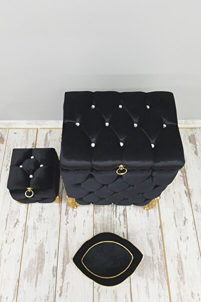 Teksev Σετ μπάνιου 3 τεμαχίων καπιτονέ μαύρο | Καλάθι ρούχων από μεταξωτό βελούδο MDF | Σετ Καλάθι Ακαθαρσιών