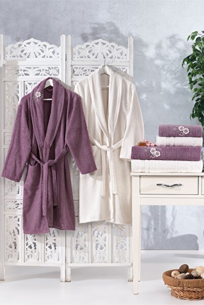 Teksev Family Вишитий фіолетовий і кремовий сімейний халат, 6 предметів, весі...